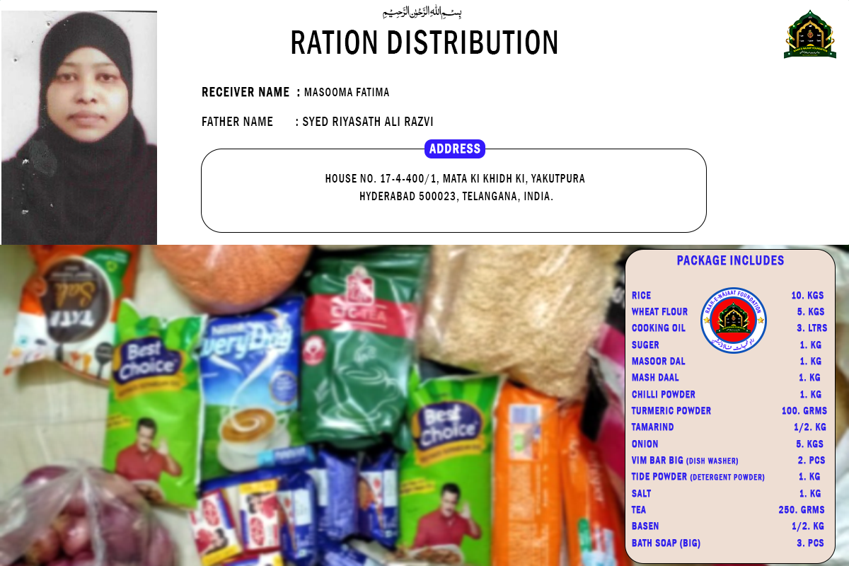 Raah-e-Najaat stepped forward to provide a comprehensive ration kit to Masooma Fatima